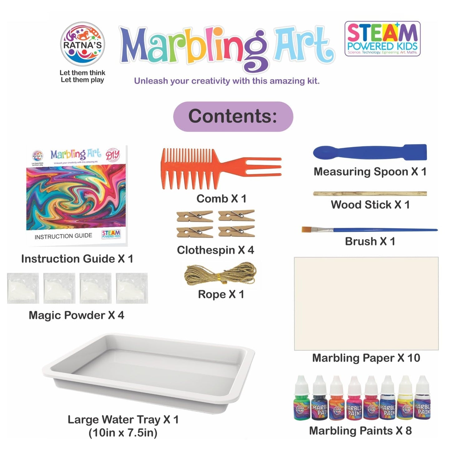 Ratna's Marbling Art & Craft Magic Paint Kit, Water Marbling Kit for Kids, Craft Kits & Supplies, STEAM Powered DIY Creative Activity Toys for 5+ Year Old
