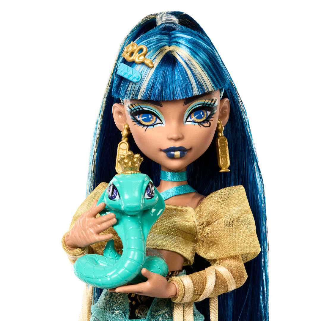 Monster High Cleo De Nile Doll in Golden Blouse & Layered Skirt Includes Pet Cobra Hissette & Accessories Like a Backpack, Snack & Scroll