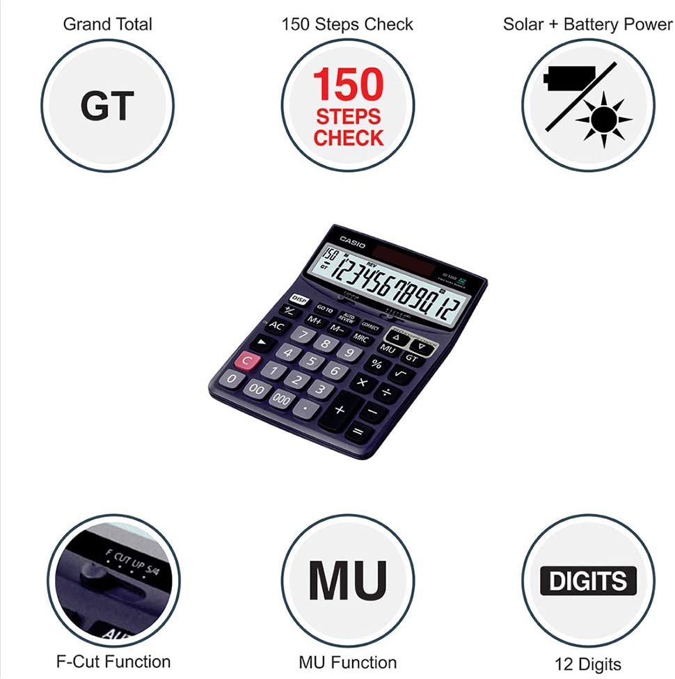 Casio DJ-120D 150 Steps Check and Correct Desktop Calculator with Bigger Screen/Keys (12 Digit), Black