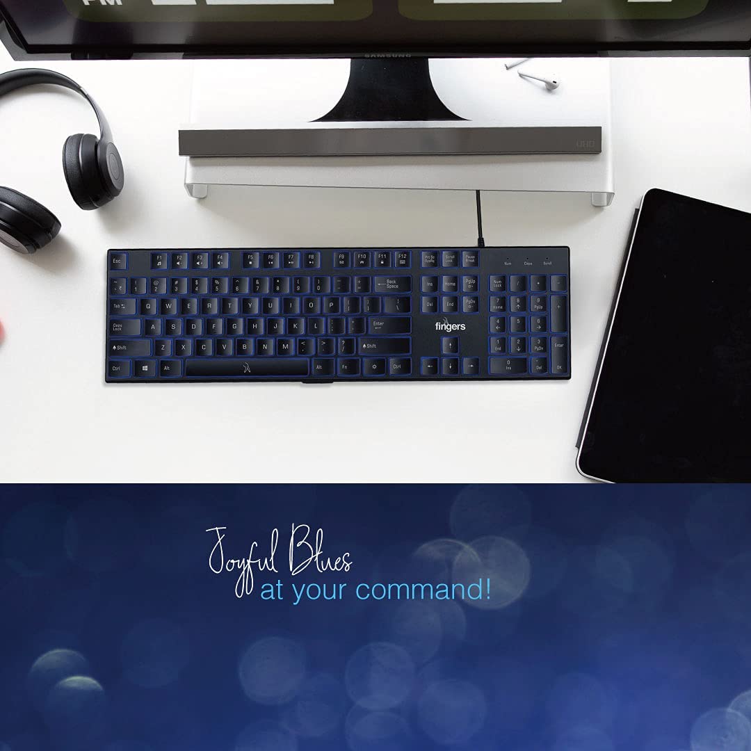 FINGERS Gleaming BlueLit Wired Backlit Keyboard - Black