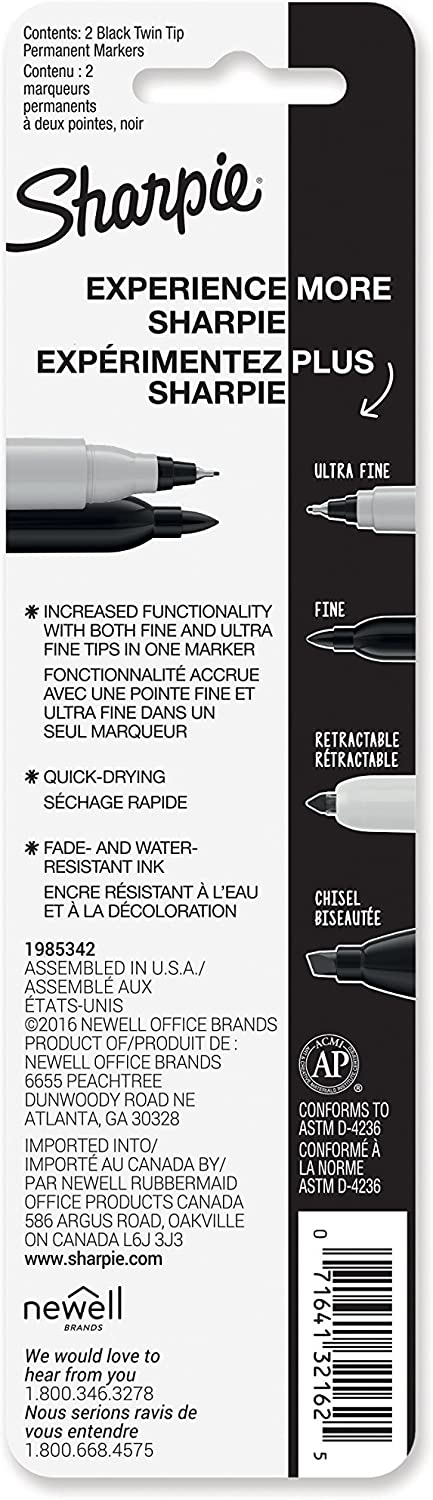 Sharpie Twin Tip Permanent Markers, Fine and Ultra Fine - Black
