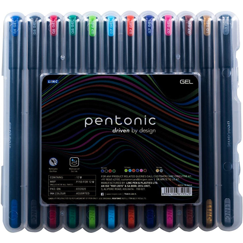 LINC Pentonic Multicolor Gel Pen With Hard Box Case | 0.6 mm-1.0 mm | Sleek Matt Finish, Featherlite feel | Waterproof Gel Ink, Ultra- Low Viscosity Ink | Black Body 12 Pcs Set