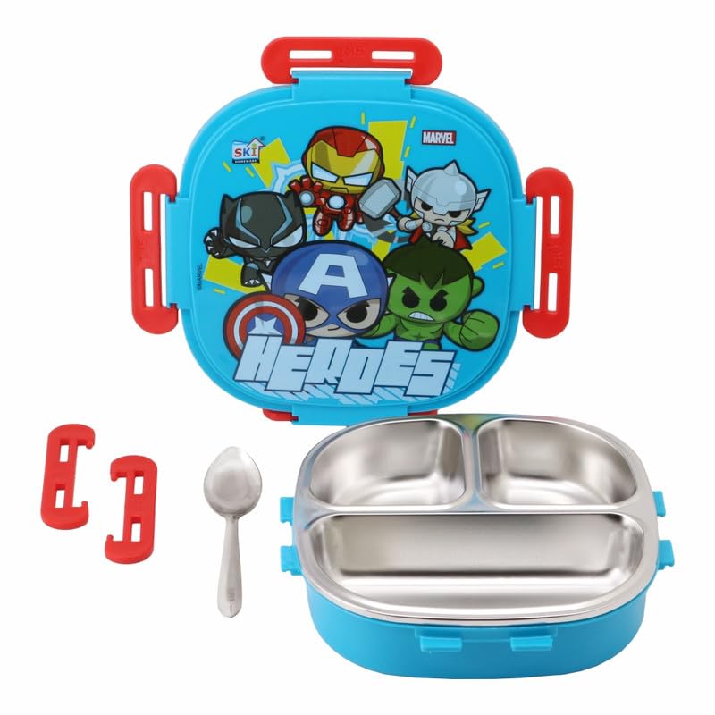SKI Baker Insulated 3 Grid bento Lunch Box with Stainless Steel Inner and a Steel Spoon- Avg