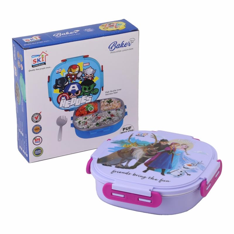 SKI Baker Insulated 3 Grid bento Lunch Box with Stainless Steel Inner and a Steel Spoon- Frozen