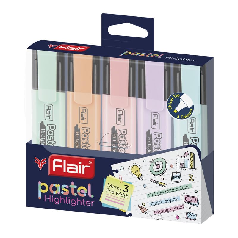 Flair Pastel 5 Shades Hi-lighter Pouch Pack | Flexible Line Width | Quick Drying & Smudge Proof Pastel Ink | Non-Toxic Ink, Safe For Childrens | 5 Smoothing Colors