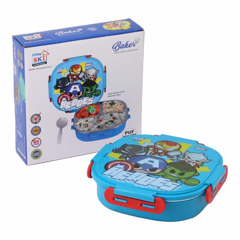 SKI Baker Insulated 3 Grid bento Lunch Box with Stainless Steel Inner and a Steel Spoon- Avg