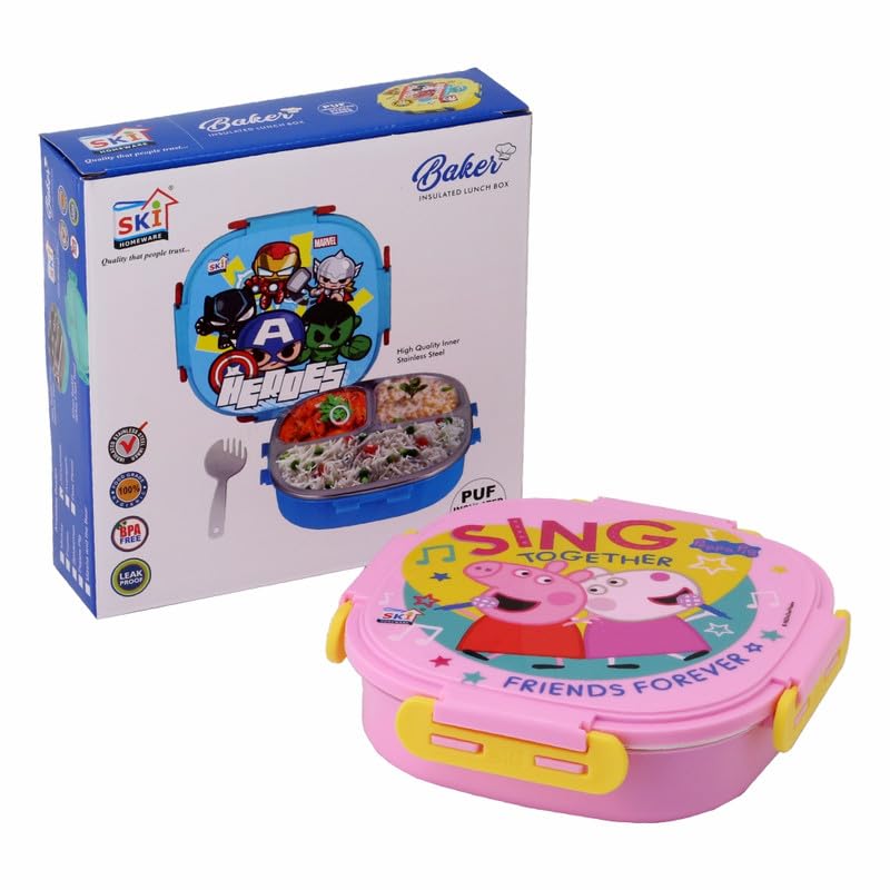 SKI Baker Insulated 3 Grid bento Lunch Box with Stainless Steel Inner and a Steel Spoon- Peppa Pig