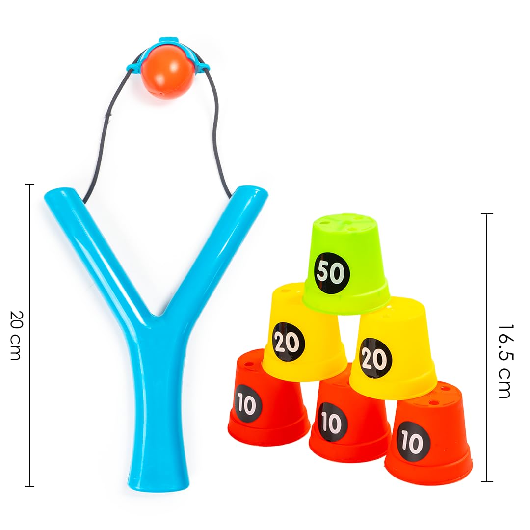Ratna's Sharp Shooter with 6 Plastic Cup Targets & 4 Balls, Slingshot Catapult Gulel Power Blaster Archery for Kids 5+ Years