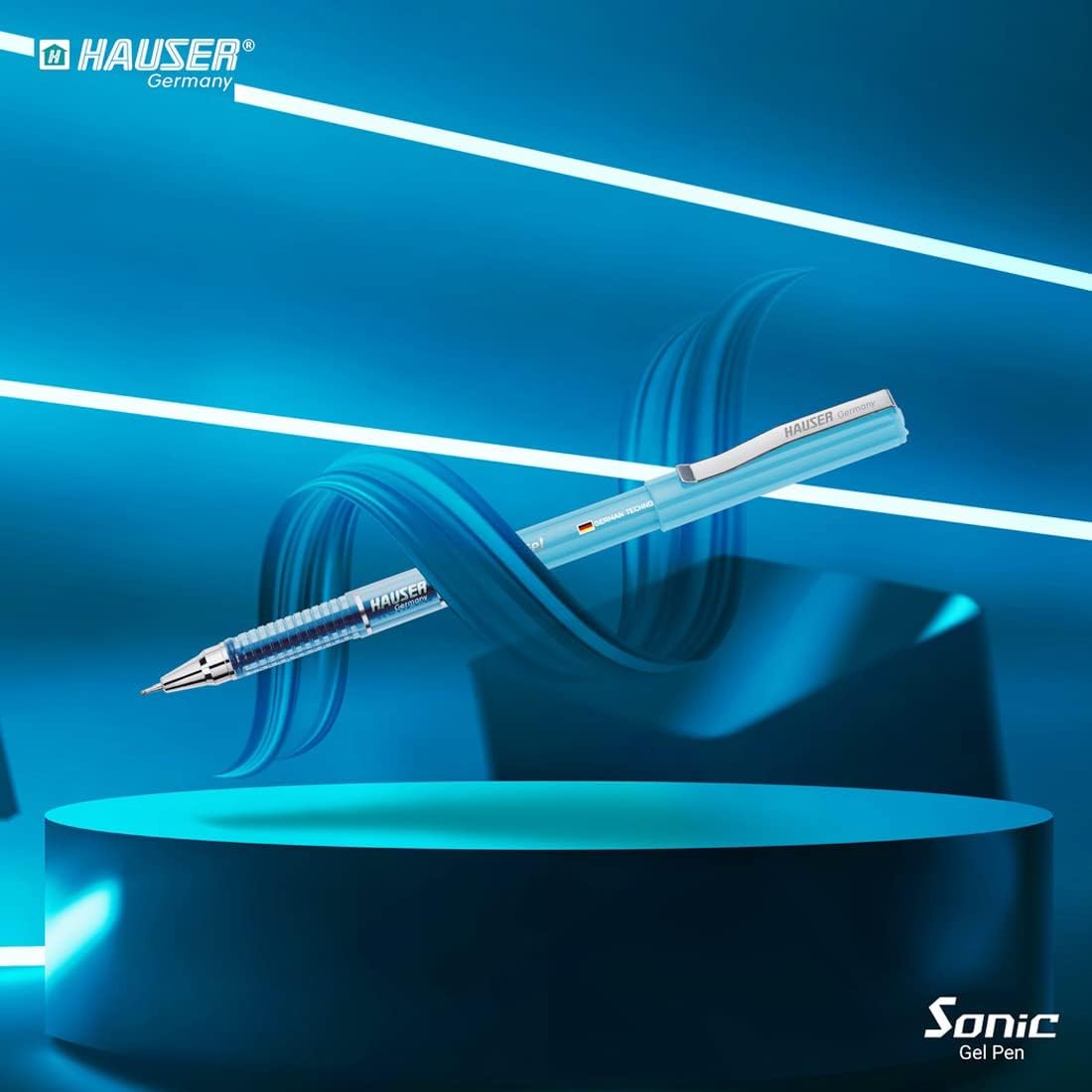 Hauser Sonic 0.55mm Gel Pen Box Pack | Attractive Foiled Body | Stylish Metal Clip | Refillable & Waterproof Gel Ink | German Technology For Smooth & Effortless Writing | Blue Ink Set of 10 Gel Pens