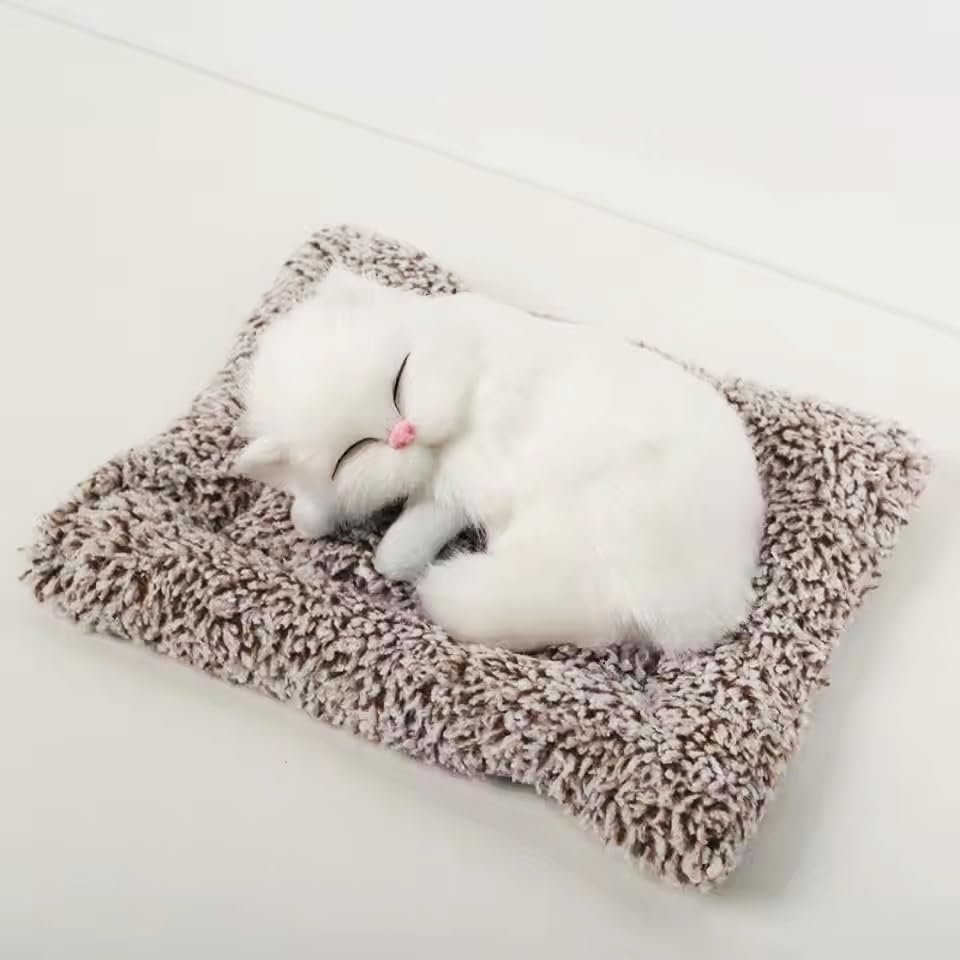 Cute Sleeping Cat Plush Toy with Meow Sound, Gift for Kids Car Dashboard Accessories White