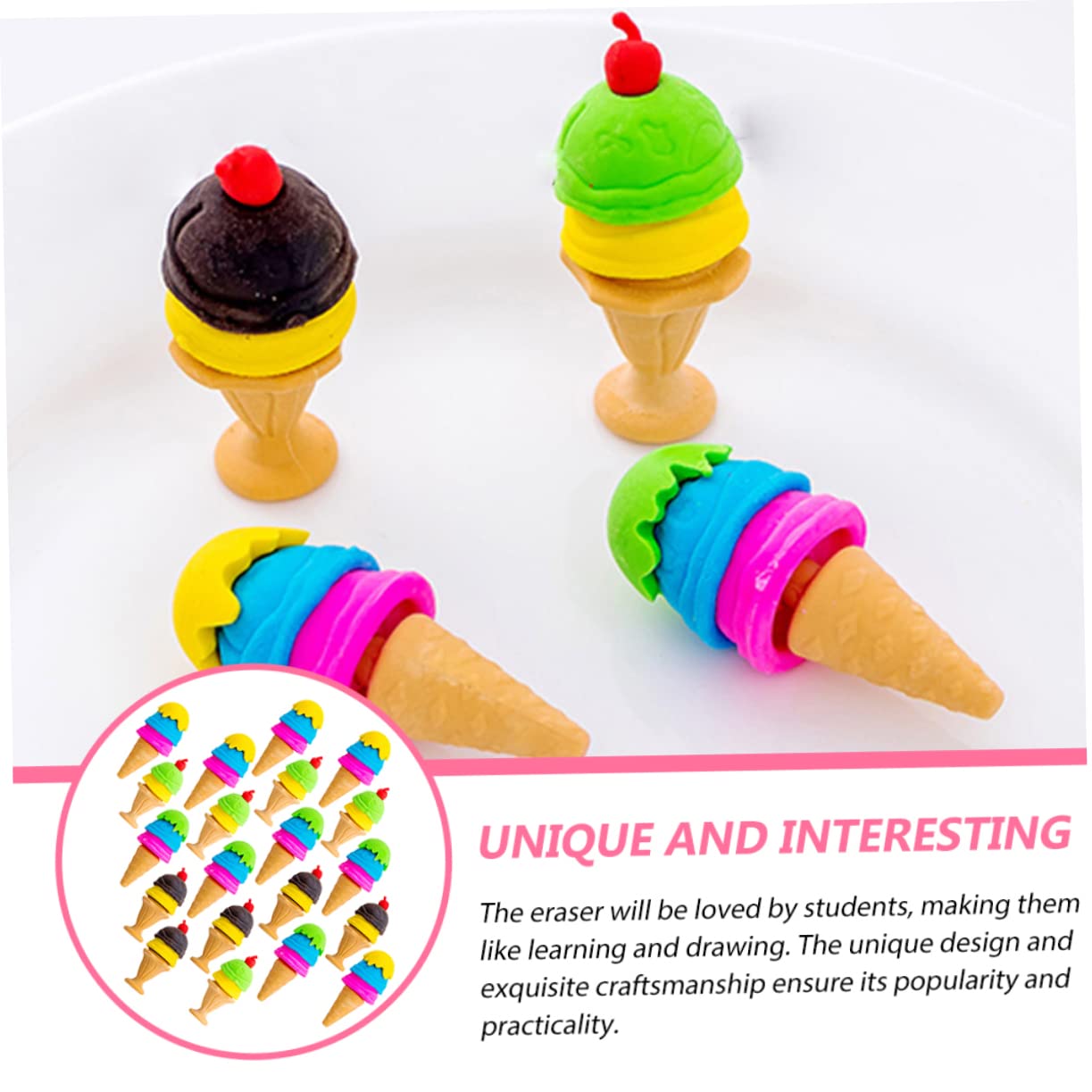 Cone Mini 3D Food Erasers Small Eraser Eggs Pencils for Kids Food TPR Accessories Pencil Portable Pencil Erasers ice Cream Student Dessert Puzzle Kids Toys
