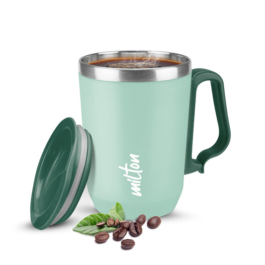 Milton Cool Touch Coastal 350 Stainless Steel Mug with Lid, 300 ml, Aqua Green, Wide Mouth for Easy Cleaning, Sturdy Handle, Hot and Cold Beverages, Flap Lid, Microwave Safe, Light Weight, BPA Free