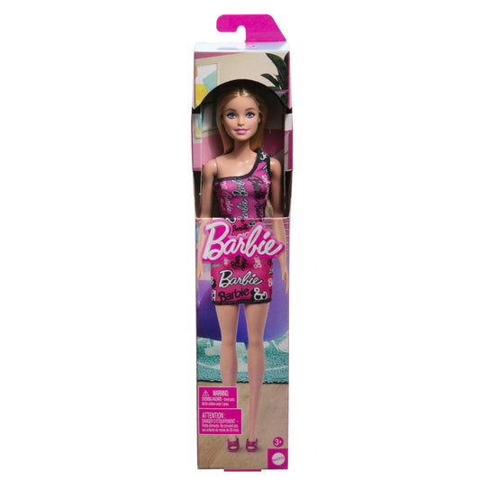 Barbie Fashion Doll With Straight Blonde Hair Wearing Removable Pink Dress & Shoes With Logo Print - HRH07
