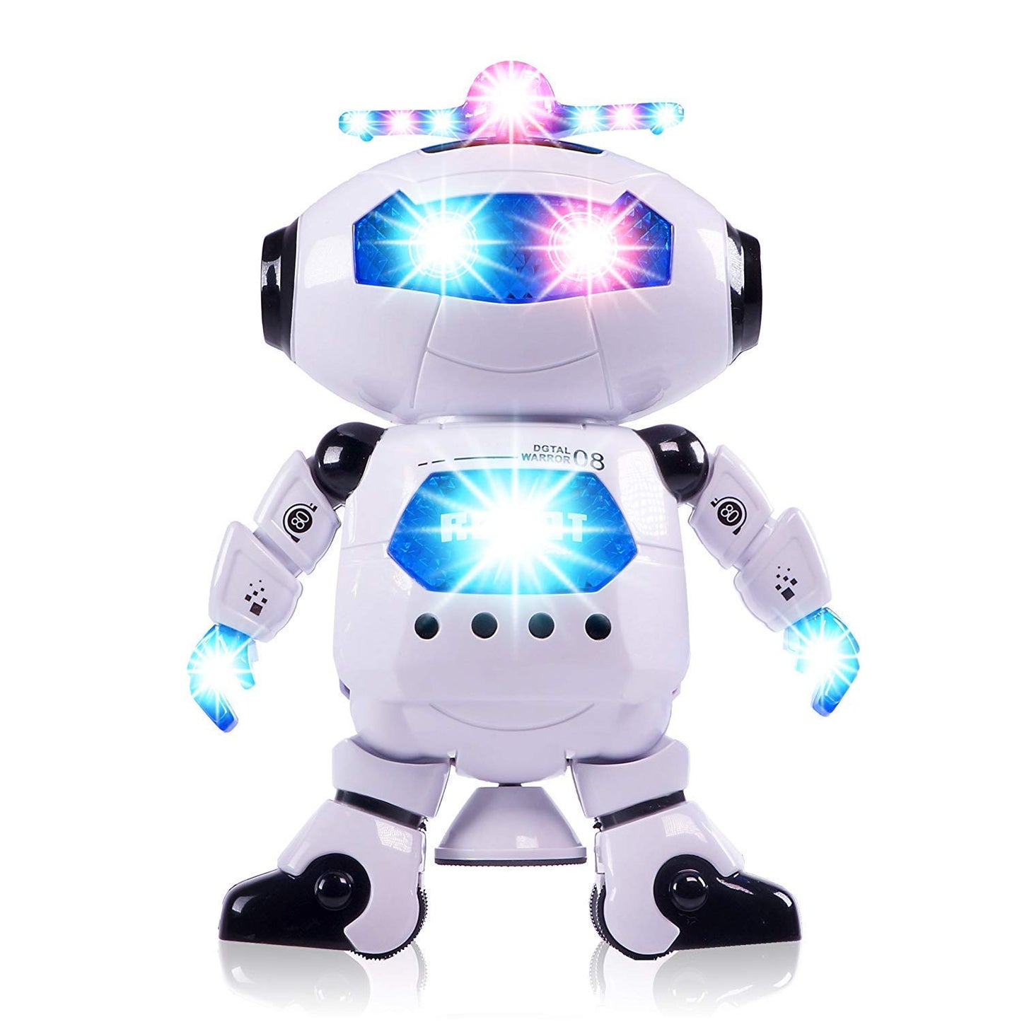 Stylish 360° Rotating Dancing Robot's with Multicolor 3D Lights and Music, Non Toxic Plastic - (White)