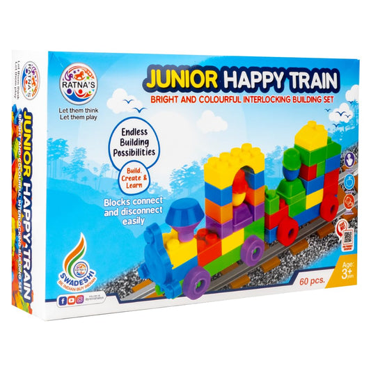 Ratna's Happy Train Junior Construction Set with Bright & Colourful Interlocking Building Blocks 60 pcs for Kids Ages 3+