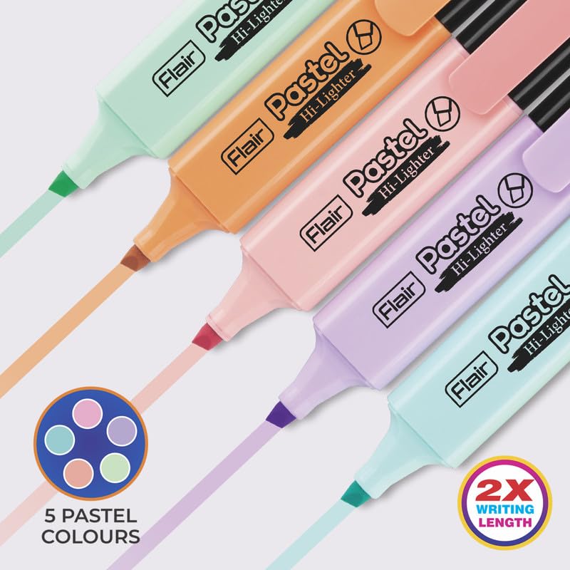 Flair Pastel 5 Shades Hi-lighter Pouch Pack | Flexible Line Width | Quick Drying & Smudge Proof Pastel Ink | Non-Toxic Ink, Safe For Childrens | 5 Smoothing Colors