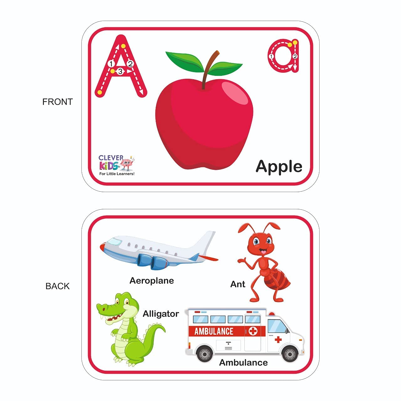 Clever Kids Alphabet Flash Card Double Sided, Preschool to Kindergarten, ABCs, Uppercase and Lowercase Letters, Spelling, Educational Learning for Kids 2 +