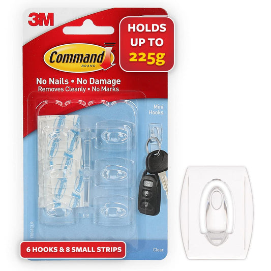 3M Command Plastic Clear Mini Wall Hooks, Up To 225Gms, Holds Strongly, Adhesive Hooks For Wall, Reusable, Multi-Surface Damage Free Hooks For Hanging Transparent, 6Hooks, 8 Strips