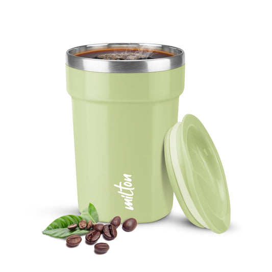 Milton Cool Touch Deccan 350 Stainless Steel Mug with Lid, 330 ml, Green, Wide Mouth for Easy Cleaning, Sturdy Handle, Hot and Cold Beverages, Flap Lid, Microwave Safe, Light Weight, BPA Free