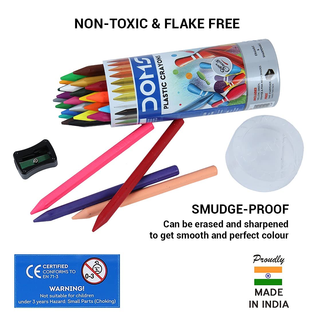 Doms 28 Shades Erasable Plastic Crayons Round Tin Box | Smooth & Even Shading | Bright & Playful Colors | Free Sharpner Inside | Non-Toxic & Safe For Childrens