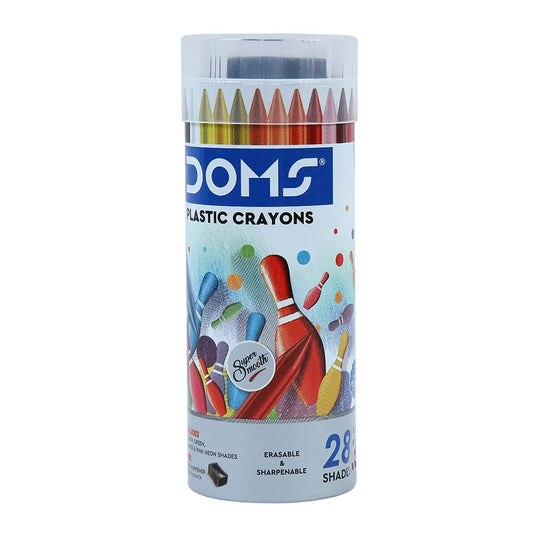 Doms 28 Shades Erasable Plastic Crayons Round Tin Box | Smooth & Even Shading | Bright & Playful Colors | Free Sharpner Inside | Non-Toxic & Safe For Childrens