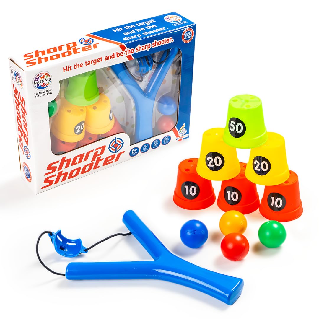 Ratna's Sharp Shooter with 6 Plastic Cup Targets & 4 Balls, Slingshot Catapult Gulel Power Blaster Archery for Kids 5+ Years