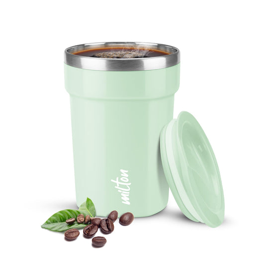 Milton Cool Touch Deccan 350 Stainless Steel Mug with Lid, 330 ml, Aqua Green, Wide Mouth for easy cleaning, Sturdy Handle, Hot and Cold Beverages, Flap Lid, Microwave Safe, Light Weight, BPA Free