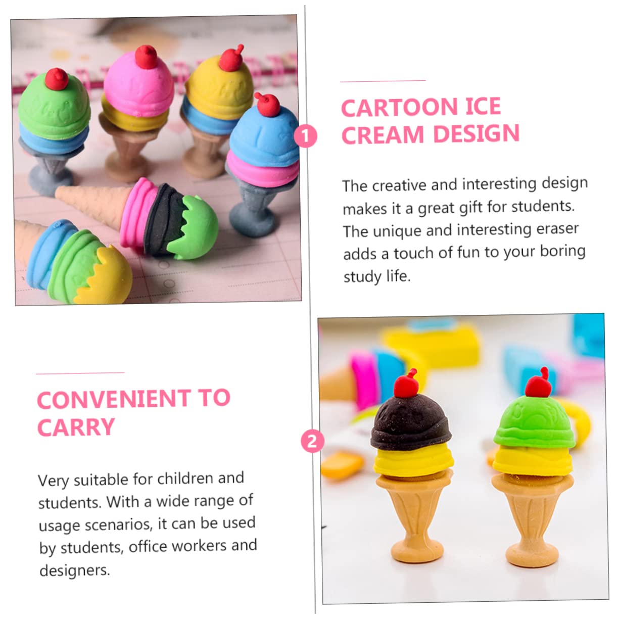 Cone Mini 3D Food Erasers Small Eraser Eggs Pencils for Kids Food TPR Accessories Pencil Portable Pencil Erasers ice Cream Student Dessert Puzzle Kids Toys
