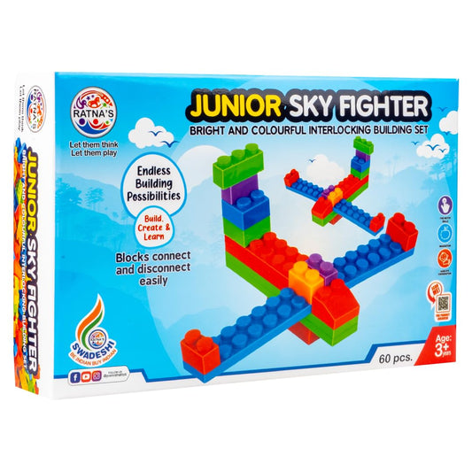 Ratna's Sky Fighter Junior Colorful Interlocking Blocks 60 pcs for Kids Ages 3+ to Create Fighter Planes & Rule The Sky