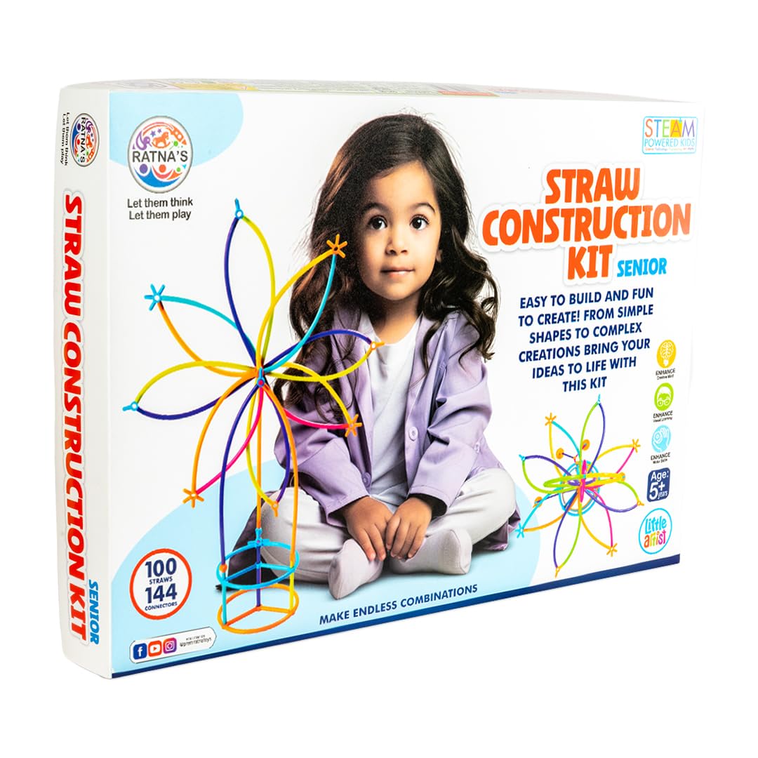 Ratna's Straw Construction Kit Senior with 100 Straws and 144 Connectors to Connect, Construct & Create Shapes, Objects Toys