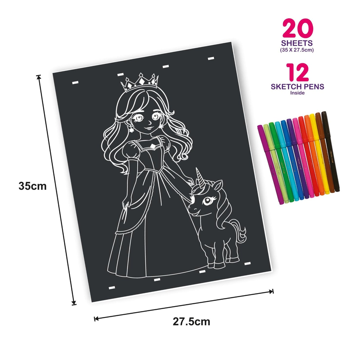 Ratna's RainbowArt Neon Colors Creative Coloring Kit with 20 Sheets and 12 Sketch Pens, 35x27.5cm Sheets - Creative Coloring Fun for All Ages