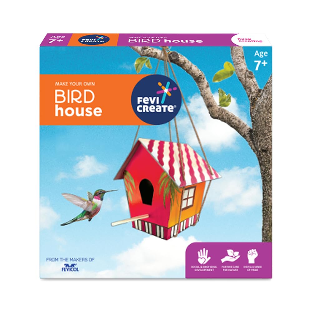 Pidilite Fevicreate Make Your Own Birdhouse art and craft kit learn birdlife in a fun way All art materials provided white acrylic colour and instruction manual Fevicol Craft bird homes Birthday gift for girls and boys 7+ years