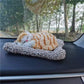 Cute Sleeping Cat Plush Toy with Meow Sound, Gift for Kids Car Dashboard Accessories White