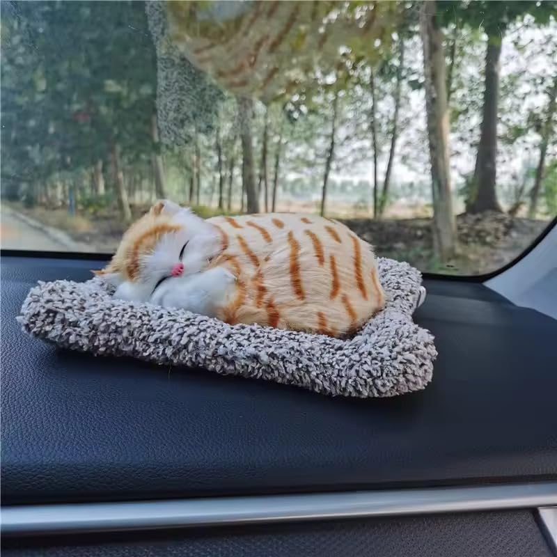 Cute Sleeping Cat Plush Toy with Meow Sound, Gift for Kids Car Dashboard Accessories White
