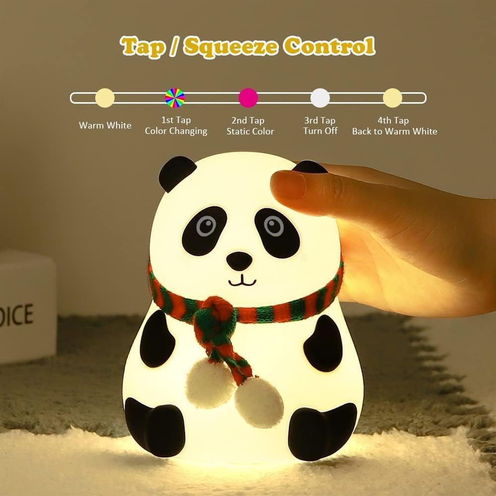 Panda Night Light for Kids- Rechargeable Silicone LED Lamp, 7-Color Changing, Perfect Room Decor & Gift for Toddler, Children, Teens- Cute Valentine's Day Present (Close Eye), Sandal