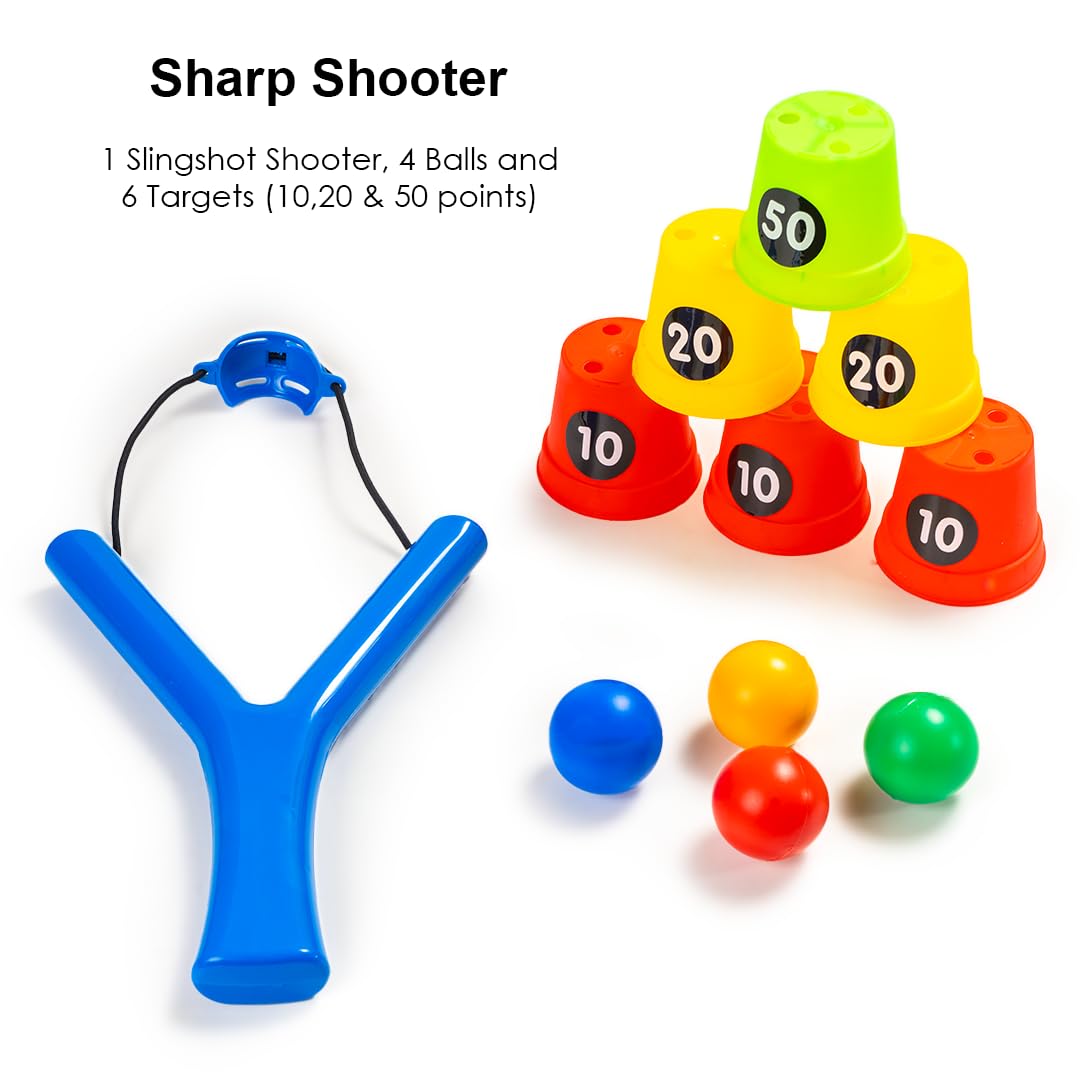 Ratna's Sharp Shooter with 6 Plastic Cup Targets & 4 Balls, Slingshot Catapult Gulel Power Blaster Archery for Kids 5+ Years