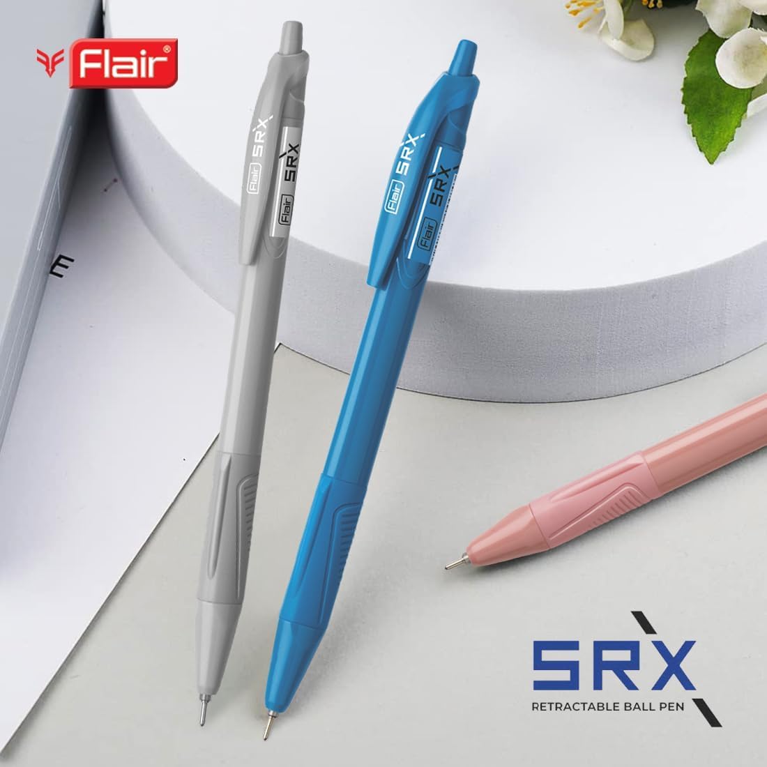 Flair Srx 0.7mm Retractable Ball Pen Box Pack | Triangular Body Design For Better Grip | Light Weight Refillable | Smooth Writing Experience | Vibrant Solid Body Colours | Black Ink Pack of 10 Pcs