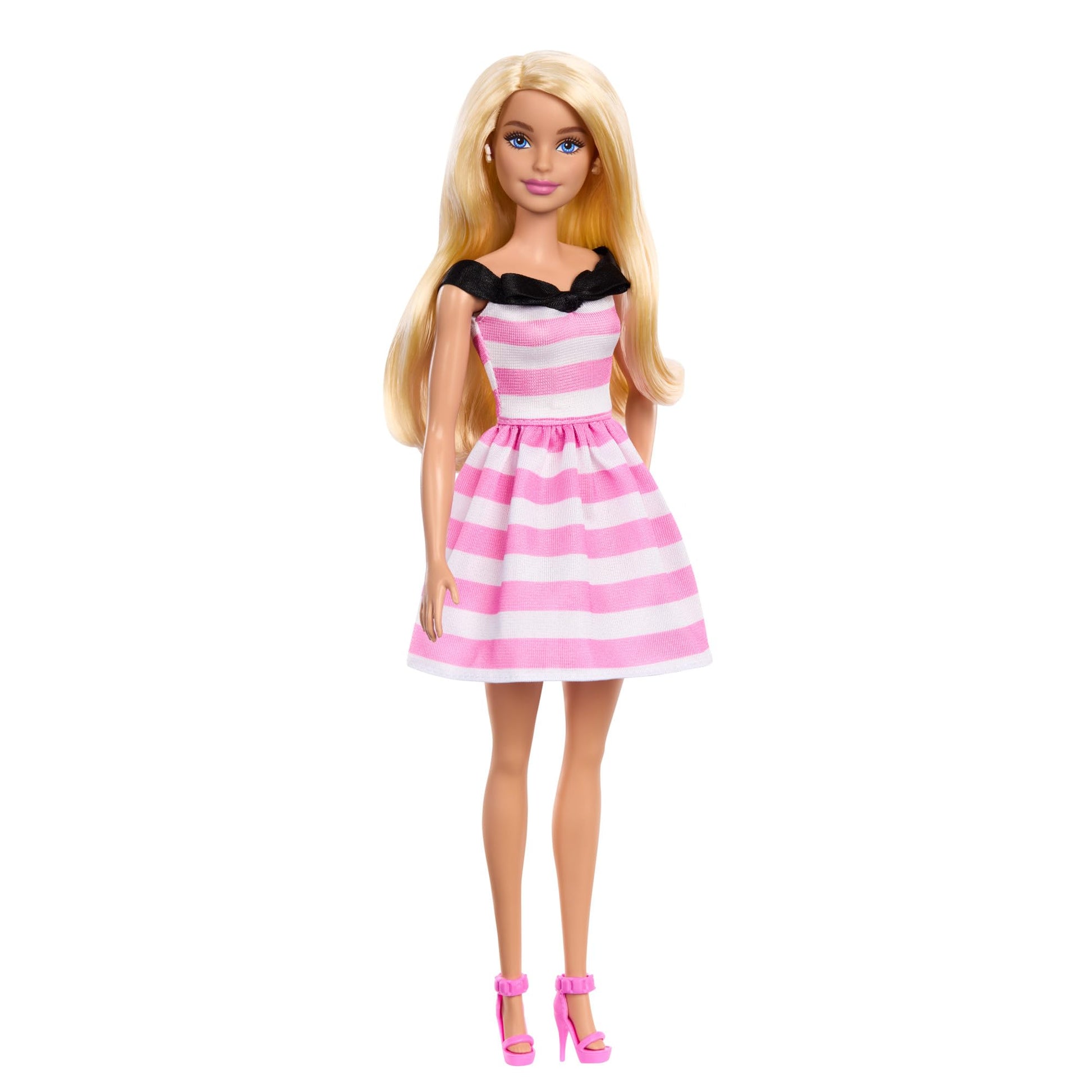 Barbie 65th Anniversary Fashion Doll With Blonde Hair, Pink Striped Dress And Accessories