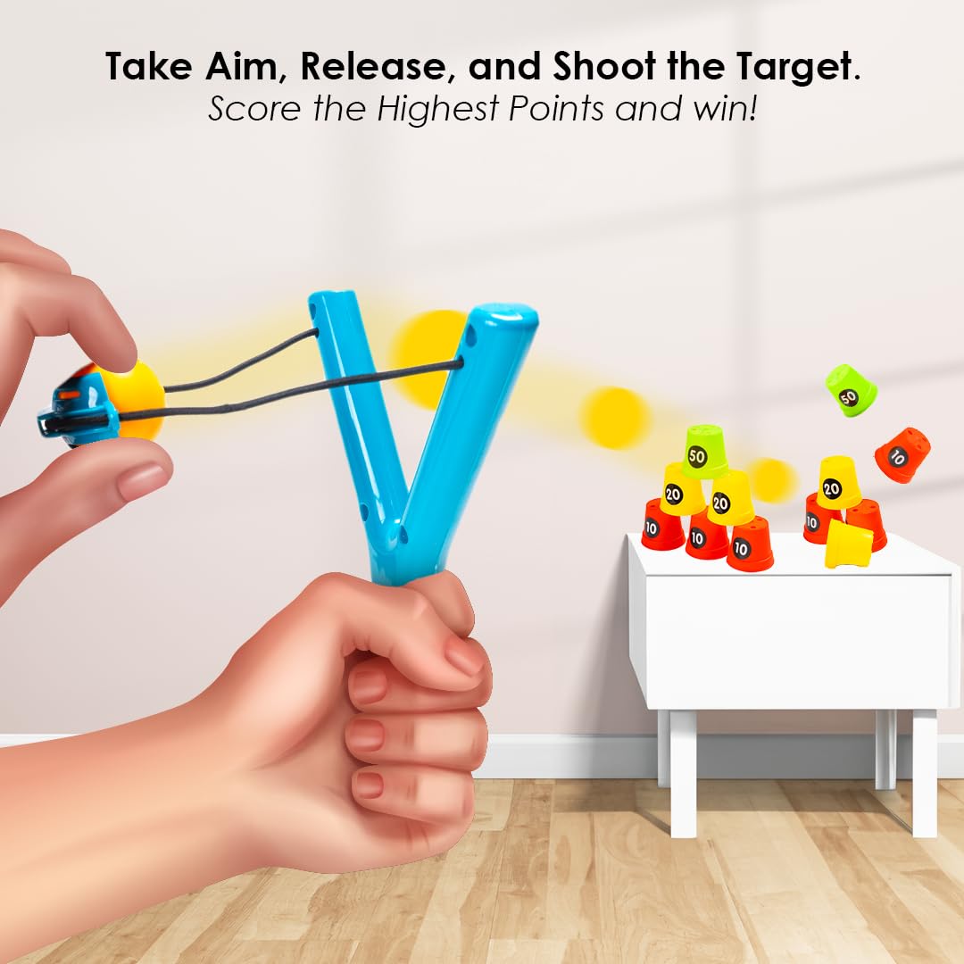 Ratna's Sharp Shooter with 6 Plastic Cup Targets & 4 Balls, Slingshot Catapult Gulel Power Blaster Archery for Kids 5+ Years