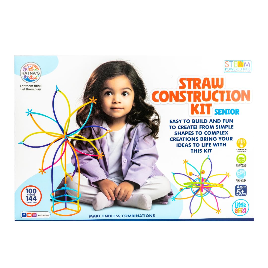 Ratna's Straw Construction Kit Senior with 100 Straws and 144 Connectors to Connect, Construct & Create Shapes, Objects Toys