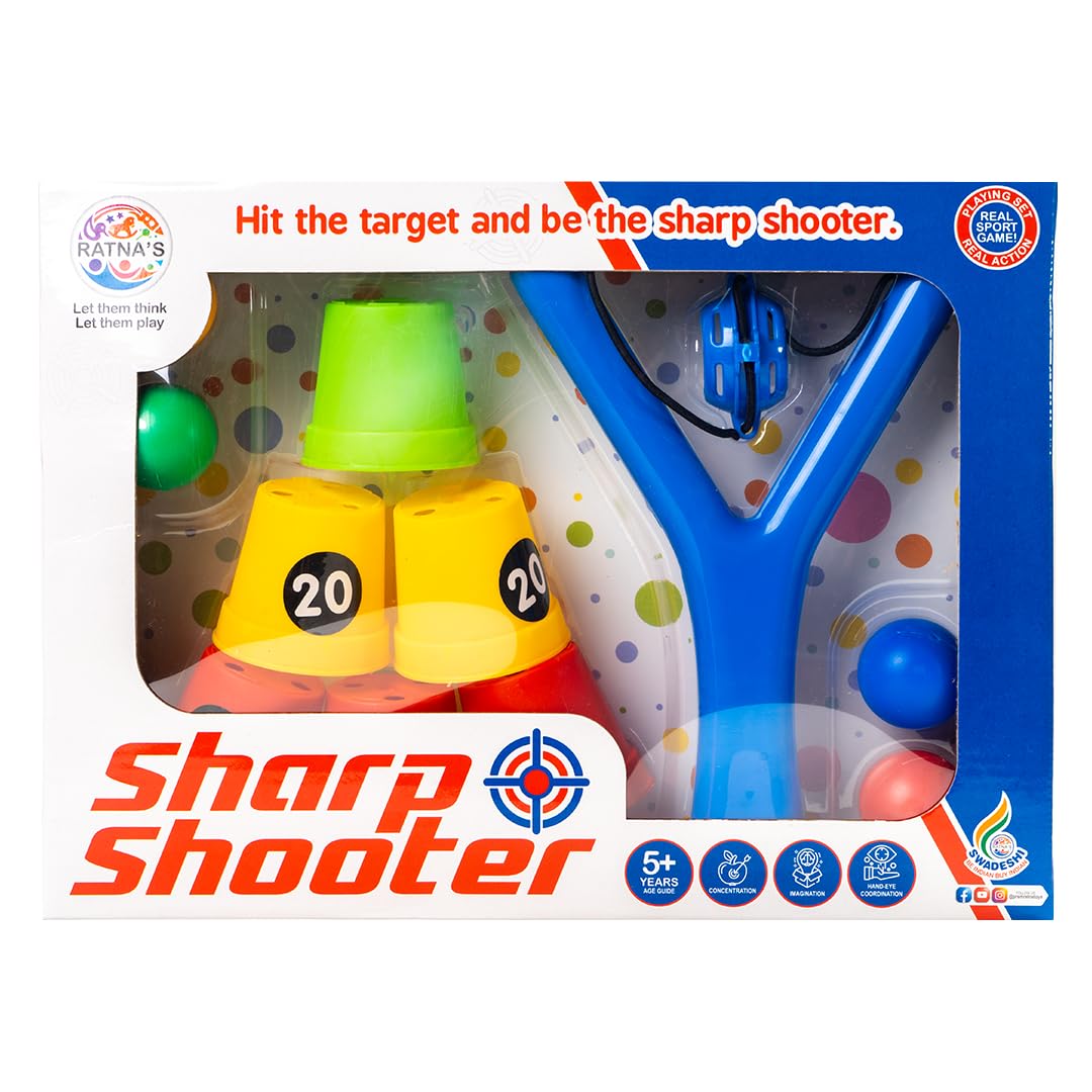 Ratna's Sharp Shooter with 6 Plastic Cup Targets & 4 Balls, Slingshot Catapult Gulel Power Blaster Archery for Kids 5+ Years