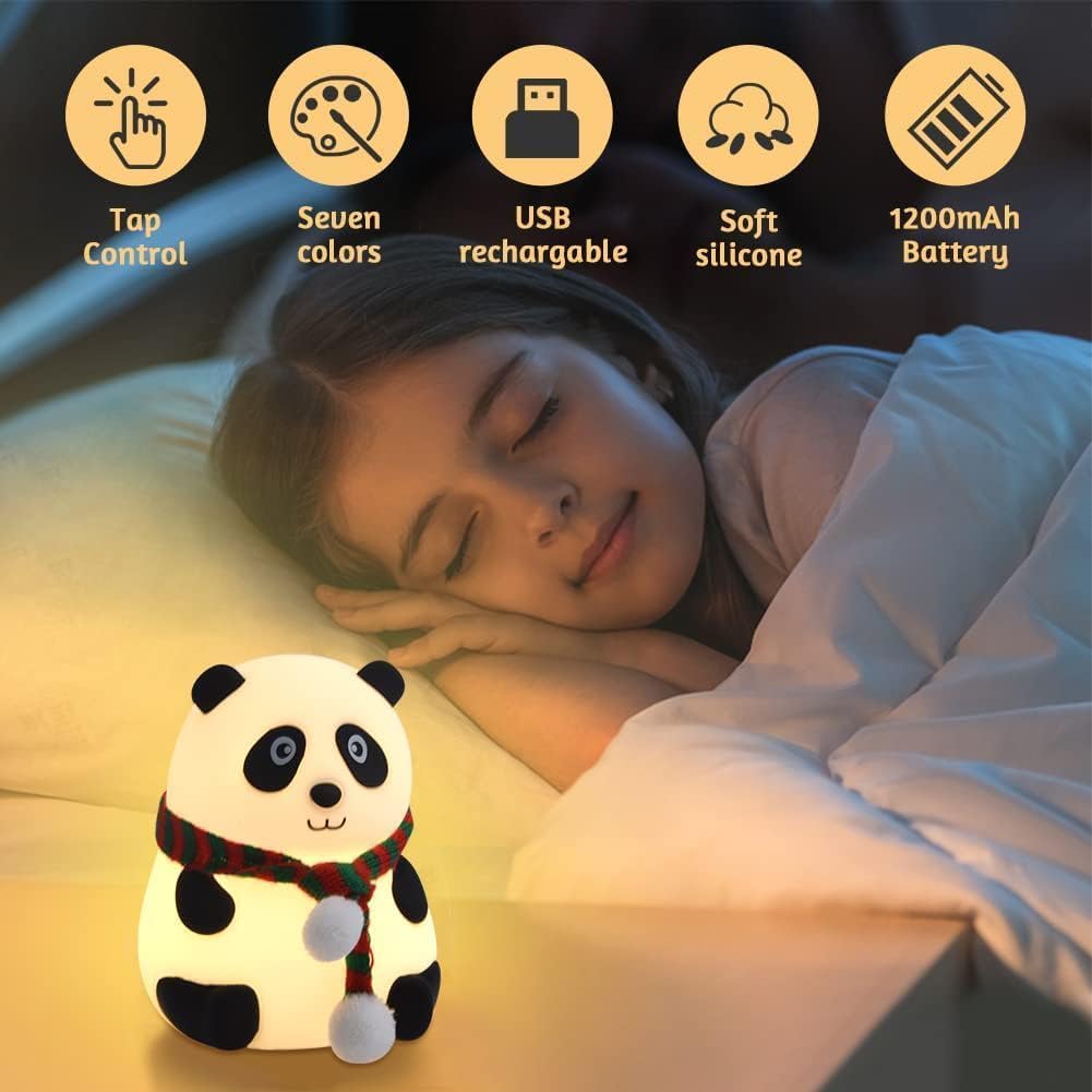 Panda Night Light for Kids- Rechargeable Silicone LED Lamp, 7-Color Changing, Perfect Room Decor & Gift for Toddler, Children, Teens- Cute Valentine's Day Present (Close Eye), Sandal