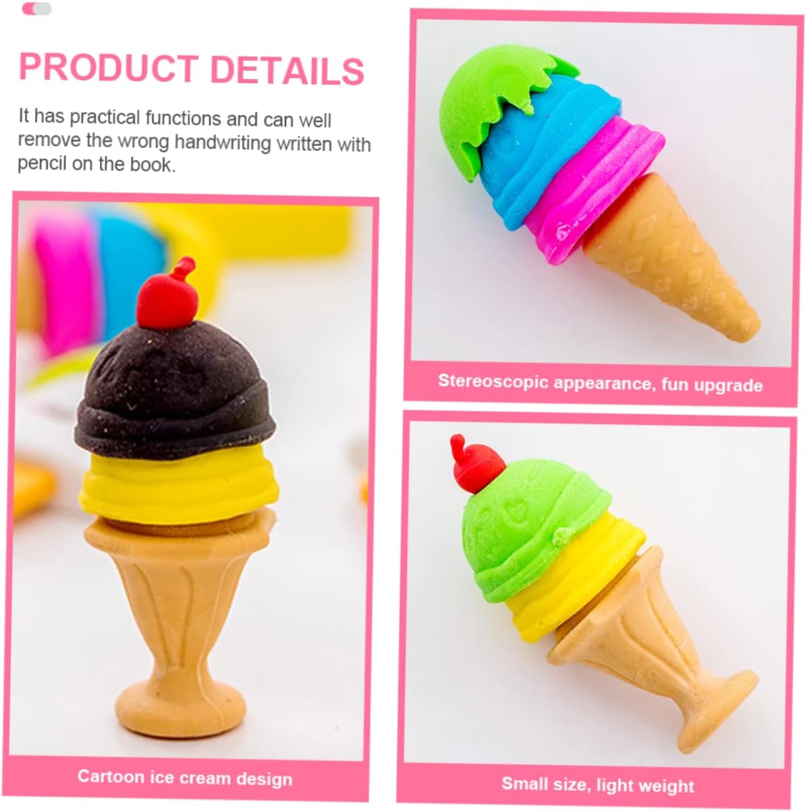 Cone Mini 3D Food Erasers Small Eraser Eggs Pencils for Kids Food TPR Accessories Pencil Portable Pencil Erasers ice Cream Student Dessert Puzzle Kids Toys