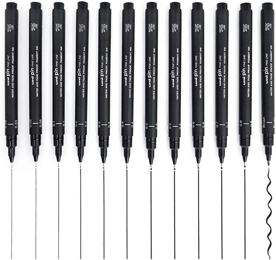 Uniball PIN 200 Fineliner Drawing Pen Set of 12 - 0.03mm to 0.8mm Tips