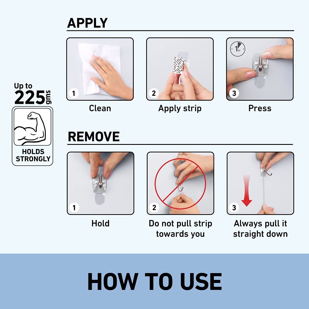 3M Command Small Clear Wire Wall Hooks, Up To 225Gms, Holds Strongly, Reusable, Adhesive Hooks For Wall, Multi-Surface Damage Free Hooks For Hanging Transparent, 3Hooks, 4 Strips - Plastic