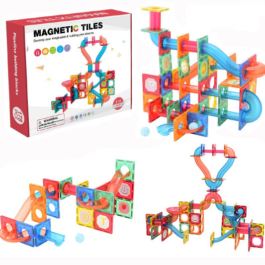 Magnetic Tiles Marble Run Building Blocks 178 Pcs for Kids 2D and 3D STEM Building Toys Race Track Toy Construction Kit Castle