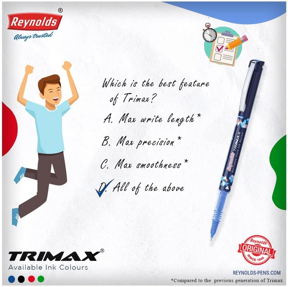 Reynolds Trimax Black Roller Ball Point Pen set With Comfortable Grip | Pens For Writing | School and Office Stationery | 0.5mm Tip