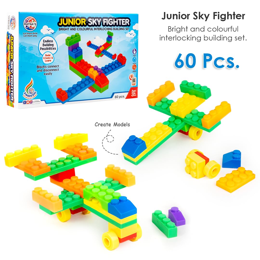 Ratna's Sky Fighter Junior Colorful Interlocking Blocks 60 pcs for Kids Ages 3+ to Create Fighter Planes & Rule The Sky