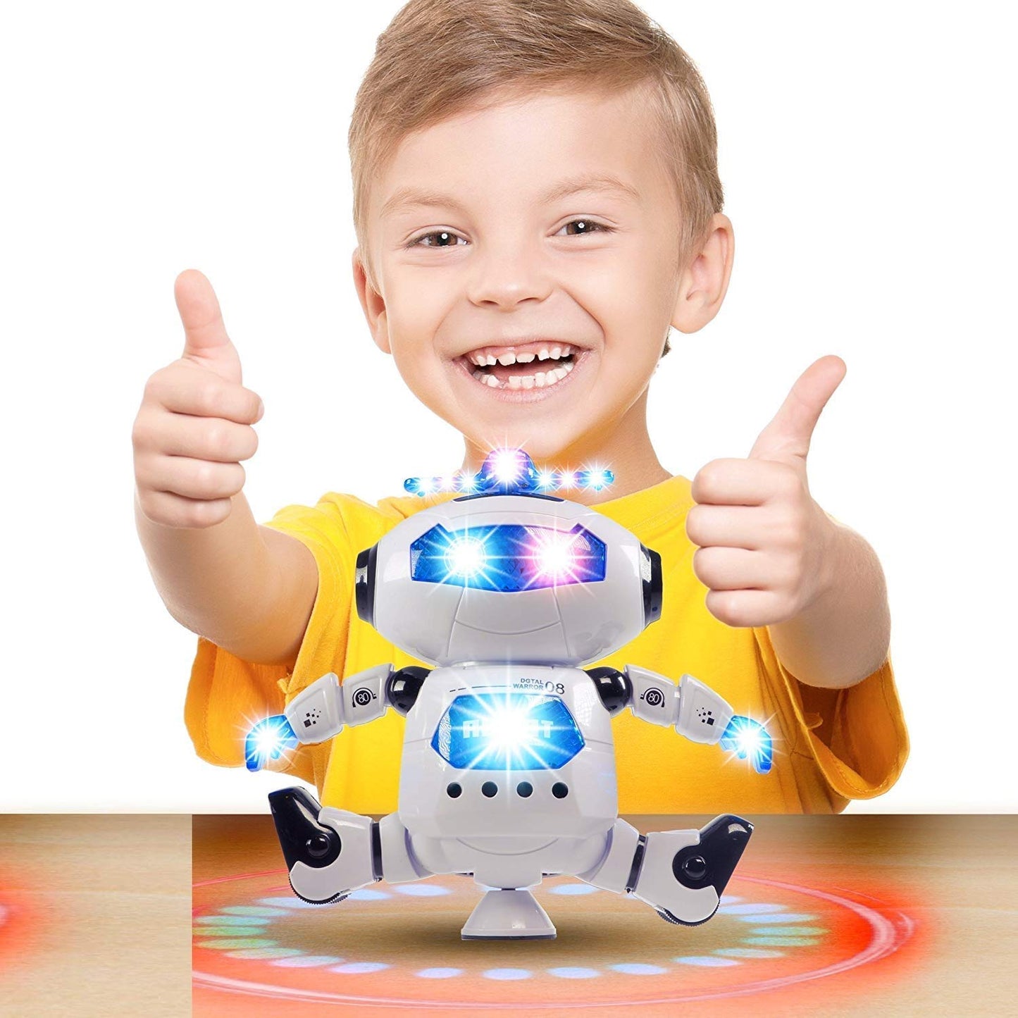 Stylish 360° Rotating Dancing Robot's with Multicolor 3D Lights and Music, Non Toxic Plastic - (White)