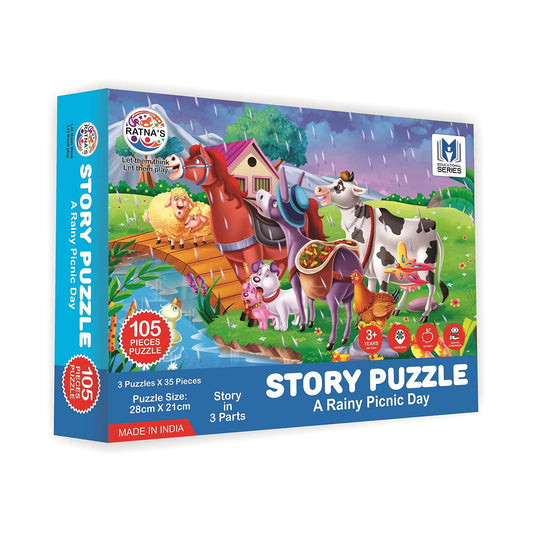 Ratna's Story Jigsaw Puzzle Rainy Picnic Day for Kids. 3 Jigsaw Puzzle Included in The Pack with A Story Book